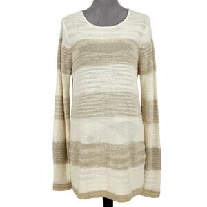 Calvin Klein Sweater Womens Large Ivory Beige Stripe Chiffon Back Pleat Pullover
